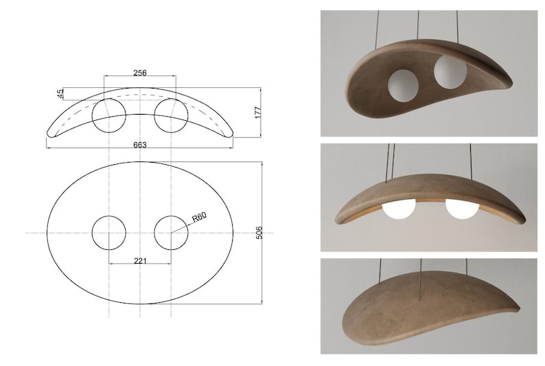 May include: A brown, curved, pendant light fixture with two white globe light bulbs. The fixture is suspended from the ceiling by two wires. The fixture is 25.6 inches wide and 17.7 inches tall.