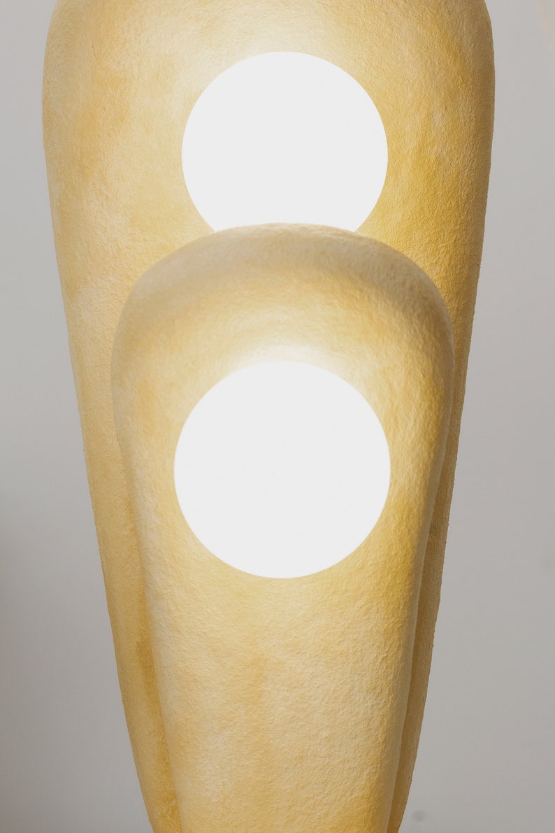 Natural Organic Table Clay Lamp Size L, Handmade and Unique Table Light Zakohani. Double form with two lights and a table stand Beige