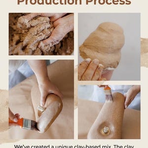 May include: A four-part collage titled Clay Lighting Production Process showing raw brown clay being kneaded, shaped, and brushed with a light coating. Text states: We've created a unique clay-based mix. The clay products do not undergo the process of firing. They are dried in low temperature, so the lamps are 100% sustainable and eco-friendly.