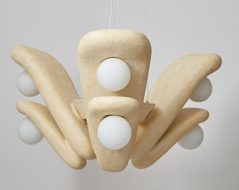 Handcrafted Clay Pendant Chandelier, Beige Sustainable Lighting