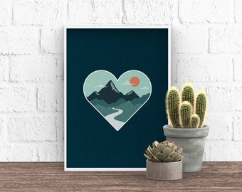 Mountain Love Art Print | Textured Mountain Lover Gift | A5 A4 Couple boyfriend girlfriend Mountains Explore Adventure Valentine's Day