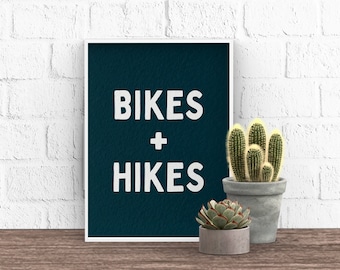 Bikes & Hikes Art Print: Dark Teal Textured Mountain Adventure
