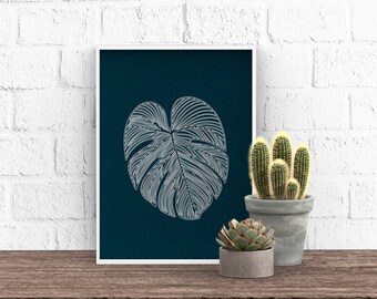 Monstera Swiss Cheese Plant Textured Art Print ~ Dark Teal A5 A4 ~ Botanical Houseplant Outline Lover Leaf gift Mother's Day Mothers