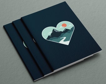 Mountain Love Teal A6 A5 getextureerde notebook verjaardag avontuur cadeau avonturier MTB wandelaar Schotland Malvern Hills voor haar hem Valentijnsdag