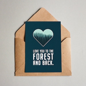 Je t'aime dans la forêt et retour ~ A6 bleu sarcelle texturée carte de Saint-Valentin petite amie aventurière VTT Woodlands forêts petit ami femme mari