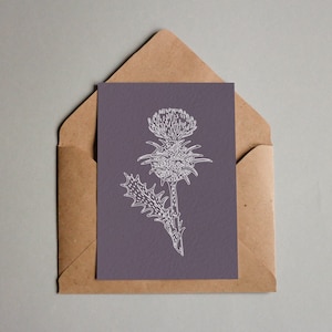 Chardon écossais ~ Carte de voeux vierge texturée A6 Chardons violets Je pense à vous Sympathie anniversaire Écosse Nature botanique Fête des Mères