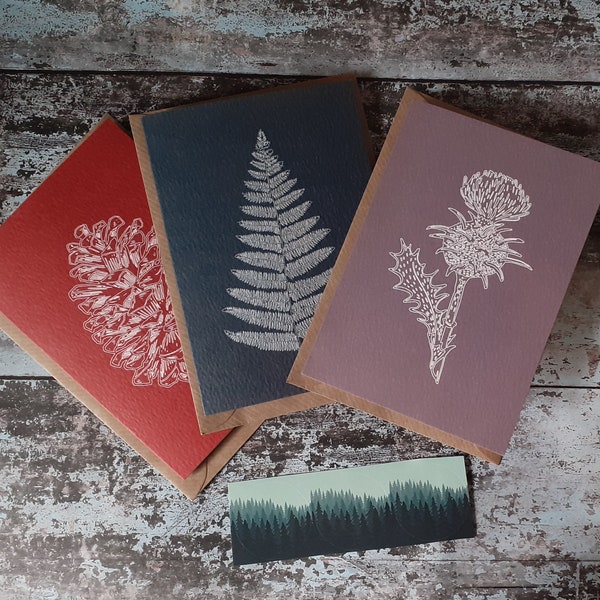 Woodland Card Collection ~ Pack of 3 Textured Greeting Cards ~ Nature Lover Sale Spring MTB Hiker Fern Pinecone Thistle birthday mothers day