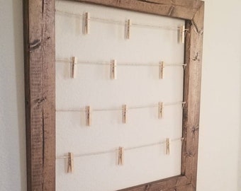 Rustic Clothespin Photo display. Baby shower display. Wedding photo display. Clothesline frame. 23"x 23" Collage frame.  gift decor poloroid