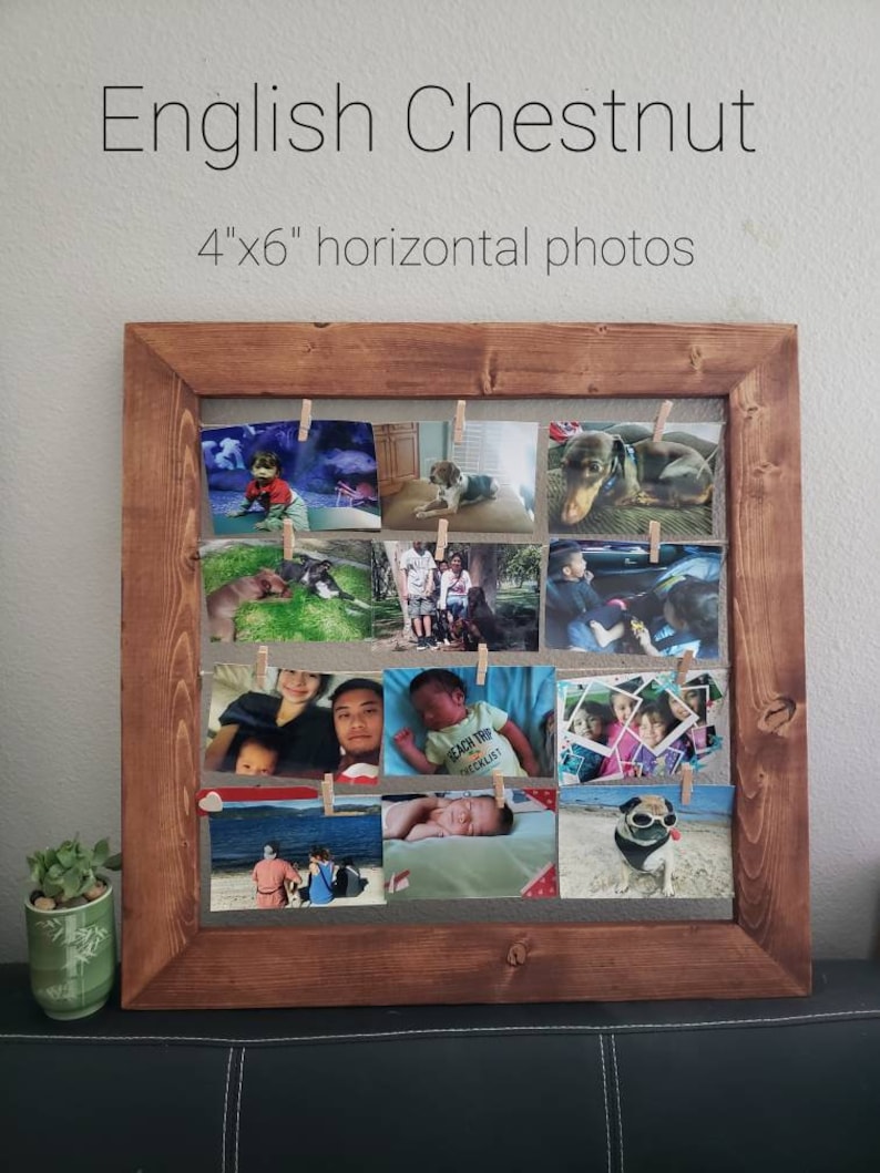 Rustic Clothespin Photo display. Baby shower display. Wedding photo display. Clothesline frame. 23x 23 Collage frame. gift decor poloroid English Chestnut