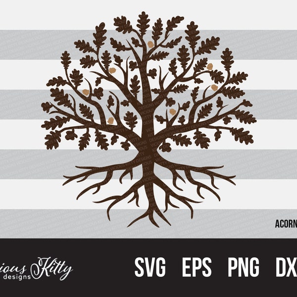 Tree of Life, Oak tree, round, with oak leaves and 7 layered acorns dxf eps pdf png psd svg files for cricut, silhouette, brother