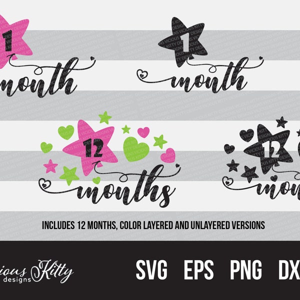 Baby milestone svg bundle, star balloons, 1 - 12 months layered and single color, dxf eps png svg files for cricut, silhouette, brother