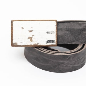 Leather belt with wooden buckle from an antique whiskey barrel