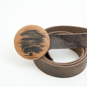 Leather belt with wooden buckle from an antique whiskey barrel