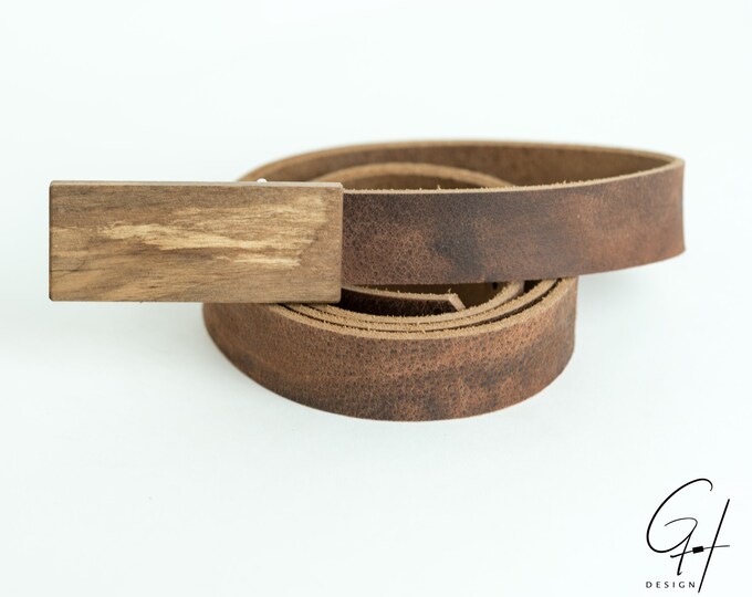 Leather belt with Zebrano wooden buckle