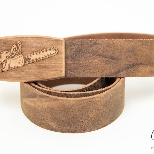 Leather belt with pear wood motif buckle chainsaw / chainsaw belt