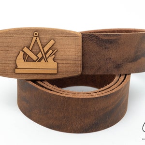 Leather belt with pear wood guild sign carpenter - joiner / guild belt / guild sign / craftsman belt / men&#39;s gift