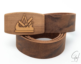 Leather belt with pear wood guild sign carpenter - carpenter / guild belt / guild sign / craftsman belt / men's gift