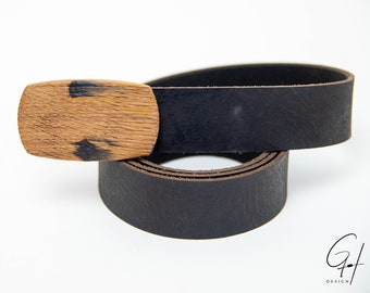 Leather belt with wooden buckle from the antique beer barrel