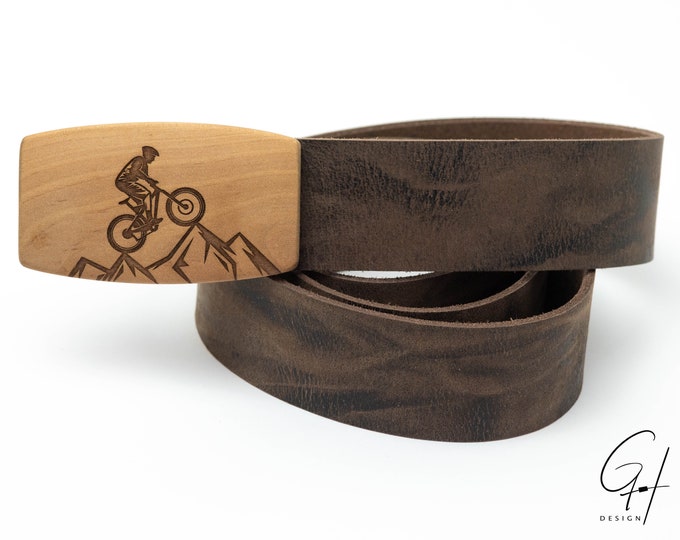 Leather belt with pear wood motif buckle mountain biker mountains / MTB / mountains