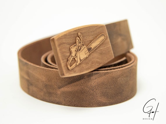 Leather Belt with Pear Wood Motif Buckle