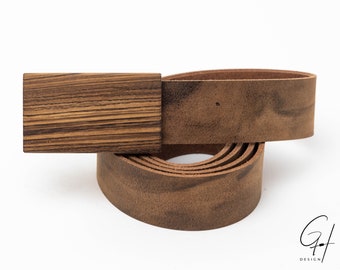 Leather belt with zebrano wooden buckle / wooden belt / wooden belt buckle