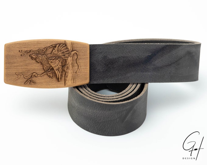 Leather belt with pear wood grouse / hunter belt / hunting motif