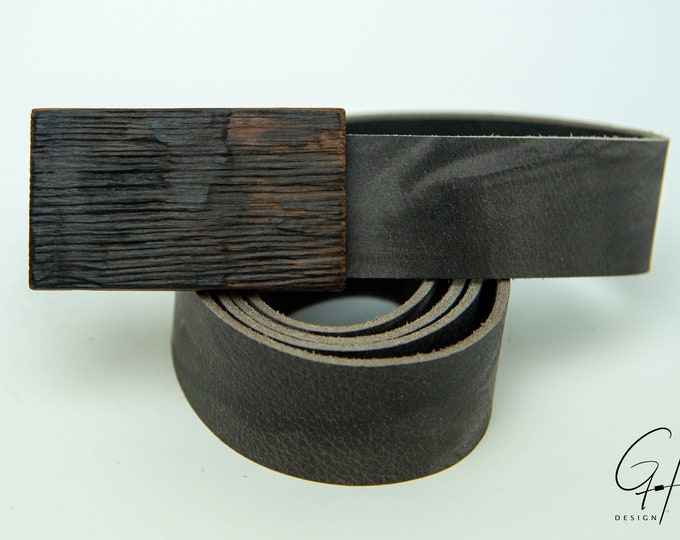 Leather belt with a wooden buckle from an antique cider barrel