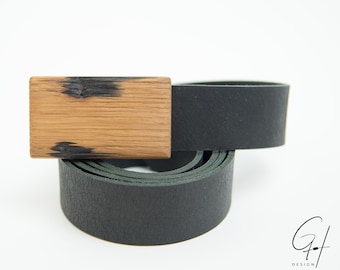 Leather belt with wooden buckle from antique whiskey cask