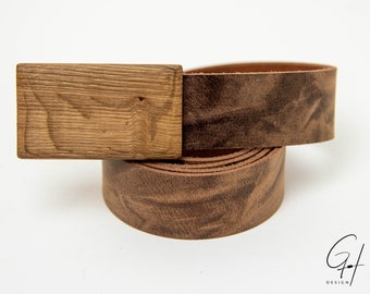 Leather belt with wooden buckle from antique wine barrel