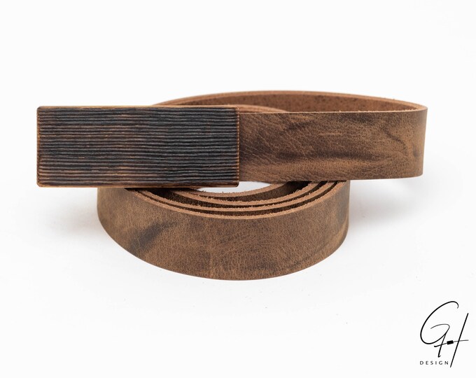 Leather belt with wooden buckle from antique whiskey cask