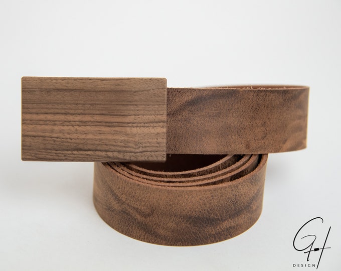 Leather belt with nut wood buckle