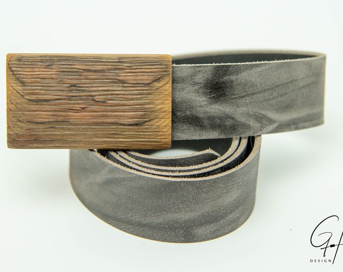 Leather belt with a wooden buckle from an antique cider barrel