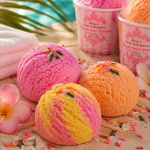 May include: Scoops of colorful bath truffles in pink, orange, and yellow with sprinkles. The bath truffles are next to containers with the text "Brisa's Bath Indulgence Pineapple Peach Strawberry Bath Truffle".