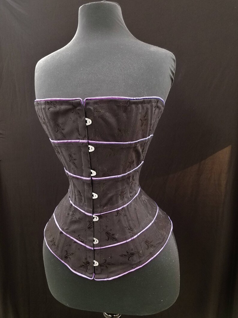 22 Black Horizontal Seamed Midbust Corset with Purple Piping