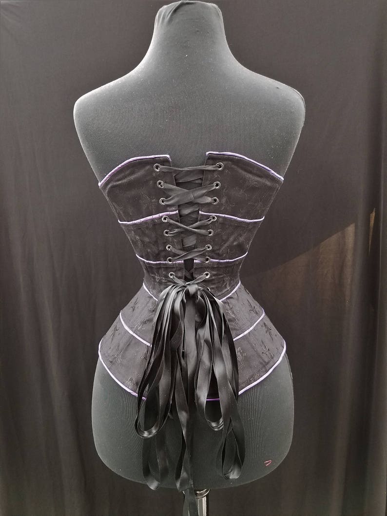 22 Black Horizontal Seamed Midbust Corset with Purple Piping