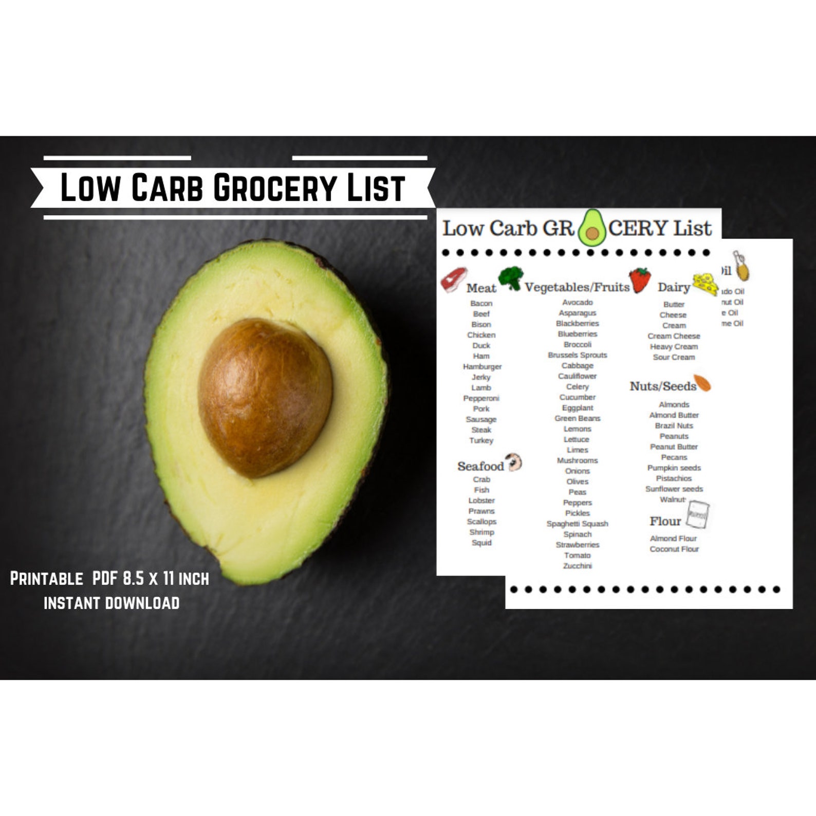 Keto Low Carb Grocery List Two Page Instant Download Digital Atkins PDF