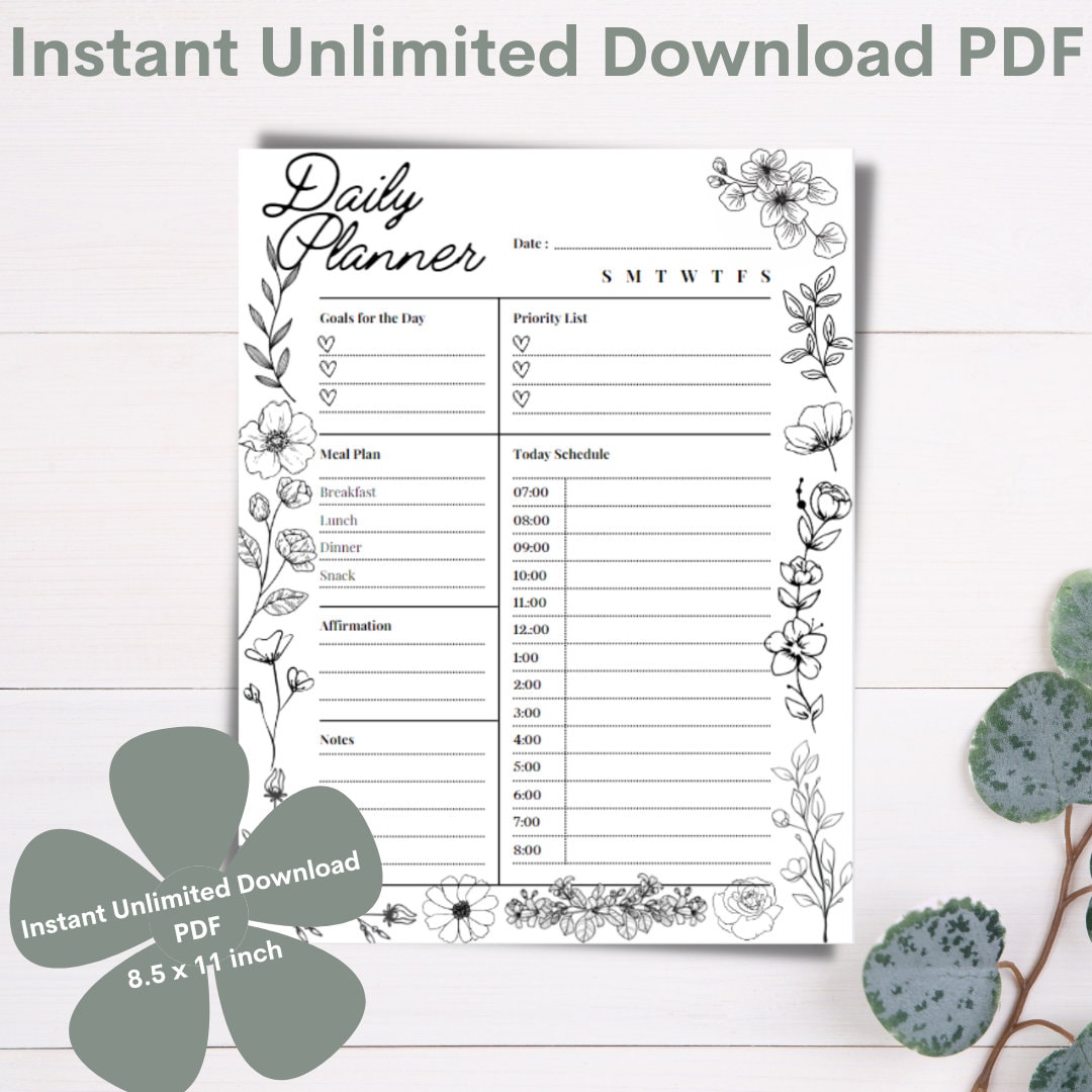 Daily Floral Planner Printable Digital Instant PDF Hourly to Etsy