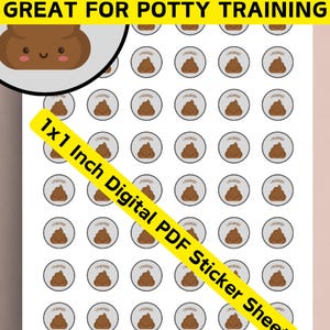 May include: A digital printable sticker sheet with 36 brown poop emojis with the text "I POOPED!" on each. The sheet is labeled "1x1 Inch Digital PDF Sticker Sheet" and "1x1 - Personal Use Only".