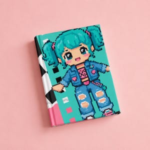May include: A rectangular notebook featuring a pixel art illustration of a character with teal hair in pigtails, wearing a blue denim jacket, a pink top, and distressed blue jeans. The background is a solid teal with a black and white checkered border.