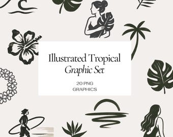 Tropical Line Art Graphics: Boho Island Clipart Set (PNG)
