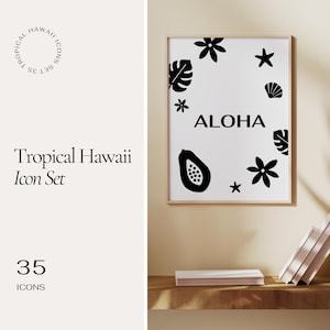 Download digitale di 35 icone tropicali delle Hawaii in formato PNG SVG: palme, onde, fiori e tavole da surf per Cricut, Canva, Boho Island Design