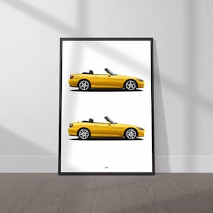 May include: A yellow Honda S2000 convertible sports car is shown in two different angles. The car is on a white background.