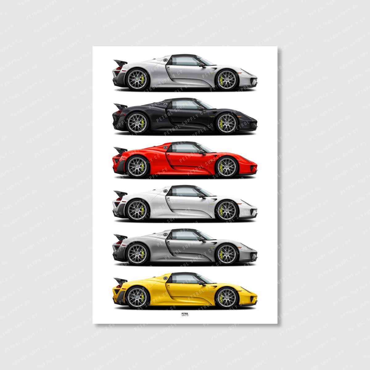 Porsche 918 Spyder Colors Poster- Wall Art for Car Enthusiasts