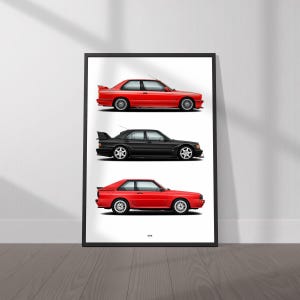 Homologation Specials Poster - BMW E30 M3 Sport Evolution, Mercedes-Benz 190 E Evolution II, and Audi Sport Quattro Print