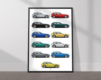 Puede incluir: Un póster que presenta una colección de nueve coches BMW M3 E36 en diferentes colores, incluyendo plata, rojo, negro, verde, azul, amarillo y blanco. Los coches se muestran todos en vista de perfil, con la parte delantera del coche mirando hacia el lado izquierdo de la imagen. El póster está enmarcado en negro.