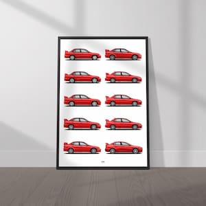 Puede incluir: Una impresión enmarcada que presenta un coche rojo Mitsubishi Lancer Evolution en ocho vistas de perfil diferentes. El coche se muestra en un estilo limpio y minimalista sobre un fondo blanco.