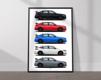 Może przedstawiać: Wydruk w ramie przedstawiający pięć samochodów Honda Civic Type R w różnych kolorach: czarnym, czerwonym, niebieskim, białym i szarym. Każdy samochód jest pokazany w widoku z profilu z czarnym spojlerem i czarnymi kołami.