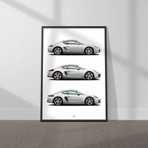 May include: A black and white illustration of three silver Porsche Cayman cars, each with a slightly different design. The cars are arranged vertically, with the oldest model at the top and the newest model at the bottom.