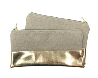 Large cosmetic bag pencil case metallic gold faux leather lining patterned
