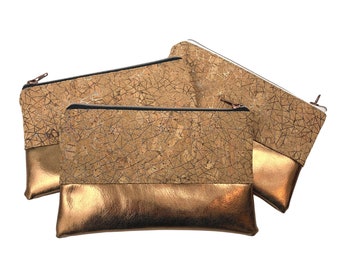Large cosmetic bag, pencil case shiny metallic copper and cork